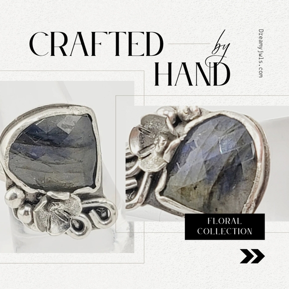 LABRADORITE FLORAL RING HANDMADE IN STERLING SILVER METAL SIZE 8.5 - Picture 1 of 7